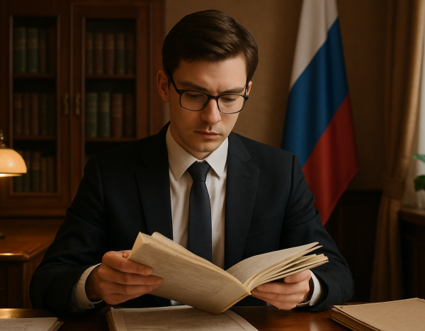 Молодой адвокат изучает дело в офисе