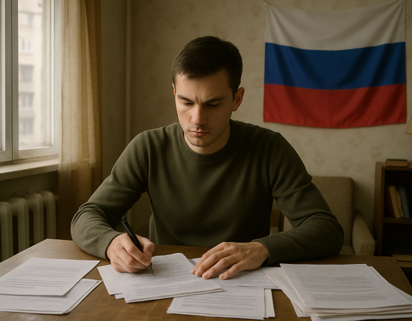 Молодой человек готовит документы за столом в квартире