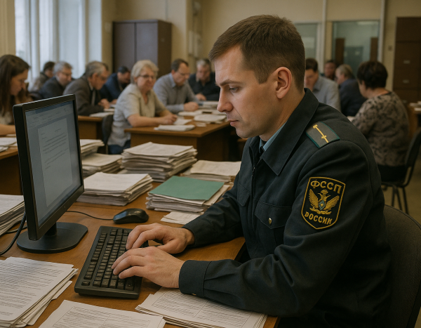 Судебный пристав за компьютером в офисе с документами
