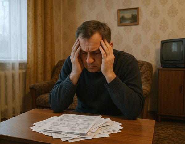 Мужчина с медицинскими счетами в гостиной