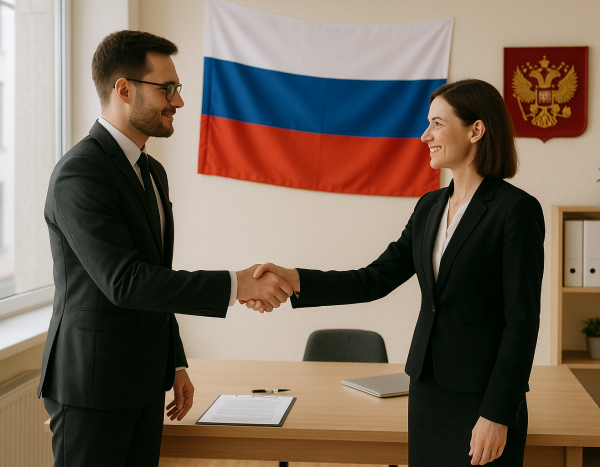 Деловое рукопожатие в российском офисе