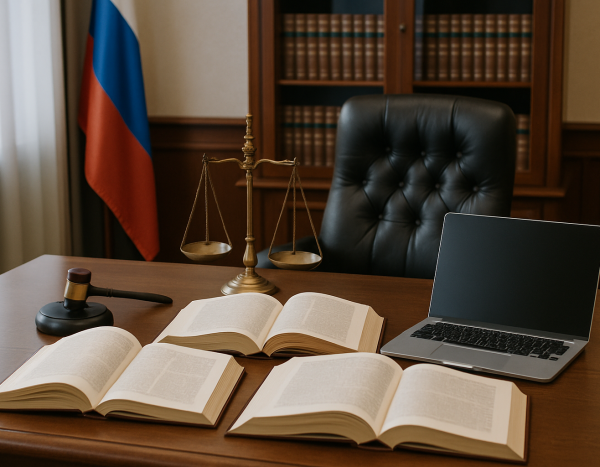 Стол юриста с открытыми книгами и ноутбуком в офисе