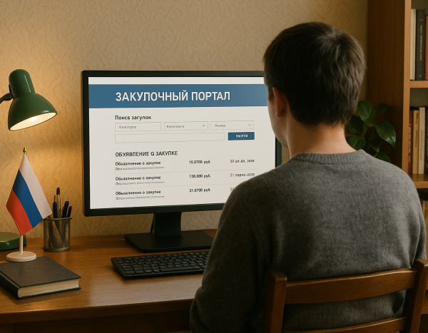 Человек перед компьютером с порталом закупок в домашнем кабинете
