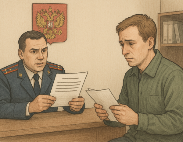 Офицер в российском офисе объясняет отказ в услуге гражданину с документами.