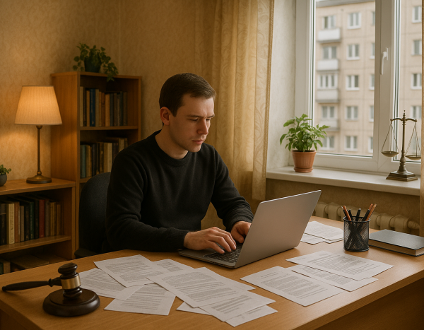 человек работает за ноутбуком с юридическими бумагами