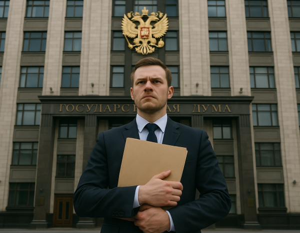 человек с папкой перед зданием госучреждения